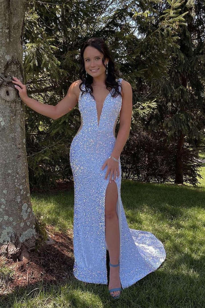 Glitter V-Neck Backless Sequins Long Mermaid Prom Dress,DS4515