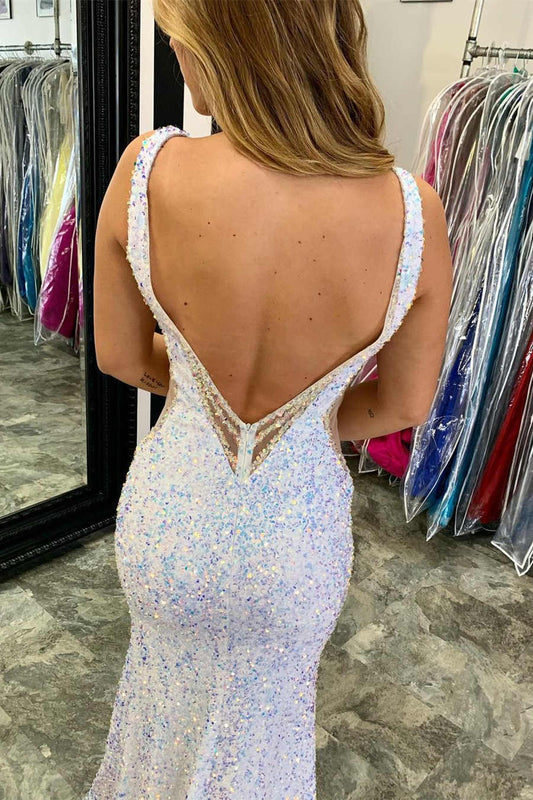 Glitter V-Neck Backless Sequins Long Mermaid Prom Dress,DS4515