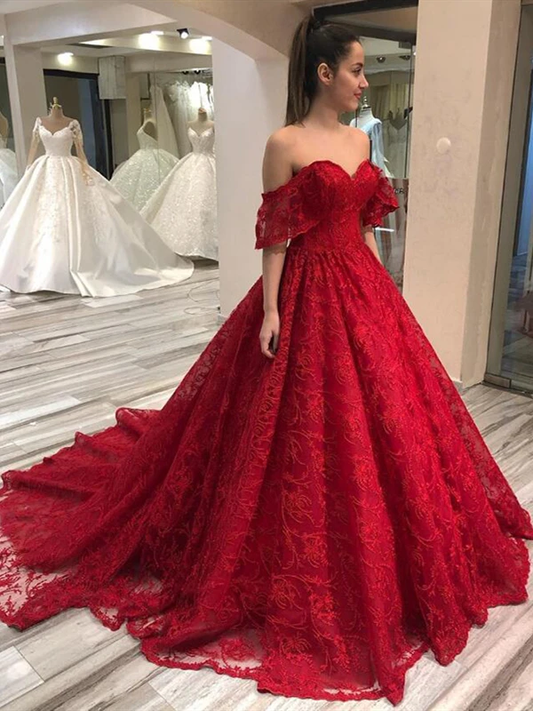 Elegant Lace Off-the-Shoulder Sweetheart Ball Gown Evening Gown DS3037