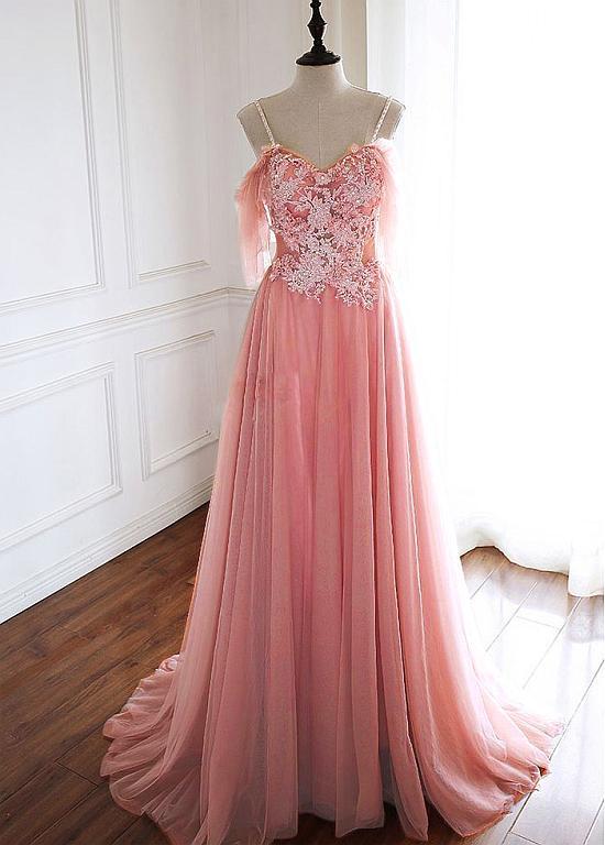 TULLE SPAGHETTI STRAPS 3D FLOWERS BEADING CORAL A-LINE PROM DRESS,DS29 DSProm TULLE SPAGHETTI STRAPS 3D FLOWERS BEADING CORAL A-LINE PROM DRESS,DS29 DSProm