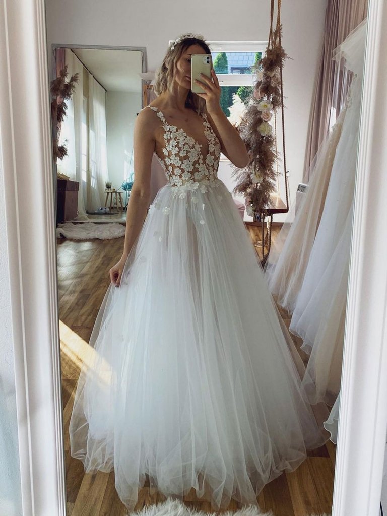 Robe de bal longue en tulle blanc à col en V, robe de soirée en tulle blanc, DS3395