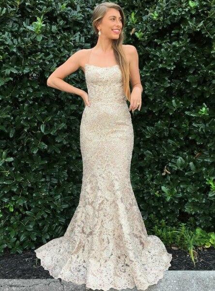 ROBE DE BAL LONGUE SIRÈNE CHAMPAGNE À BRETELLES SPAGHETTI EN DENTELLE, DS2982