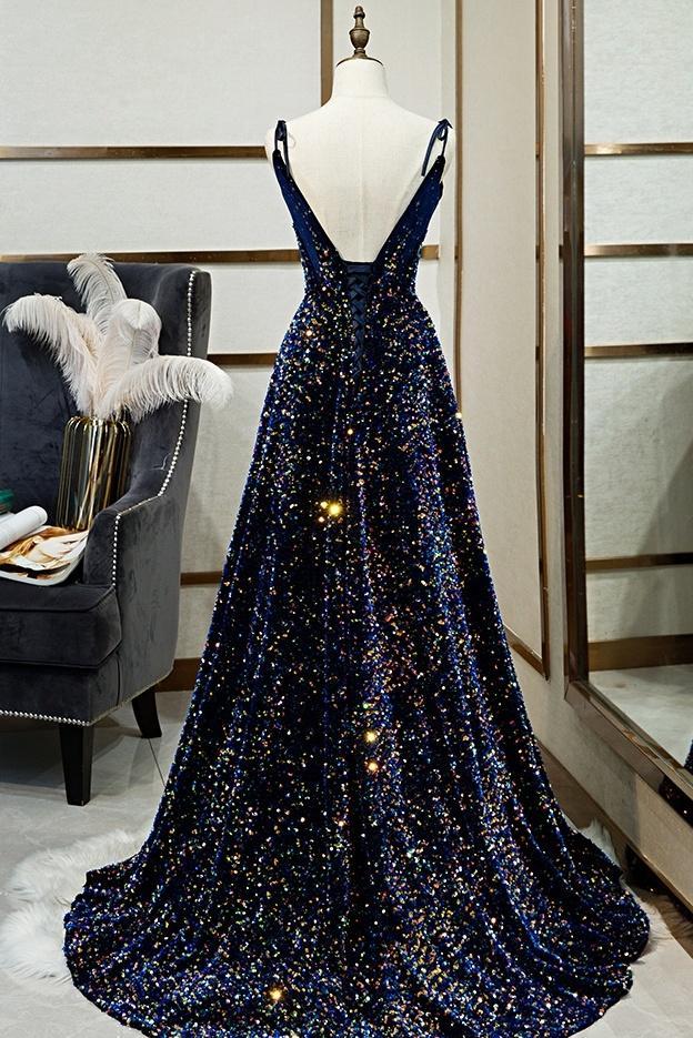 DARK BLUE SEQUIN A LINE SPAGHETTI STRAPS BLING BLING PROM DRESS,DS2947