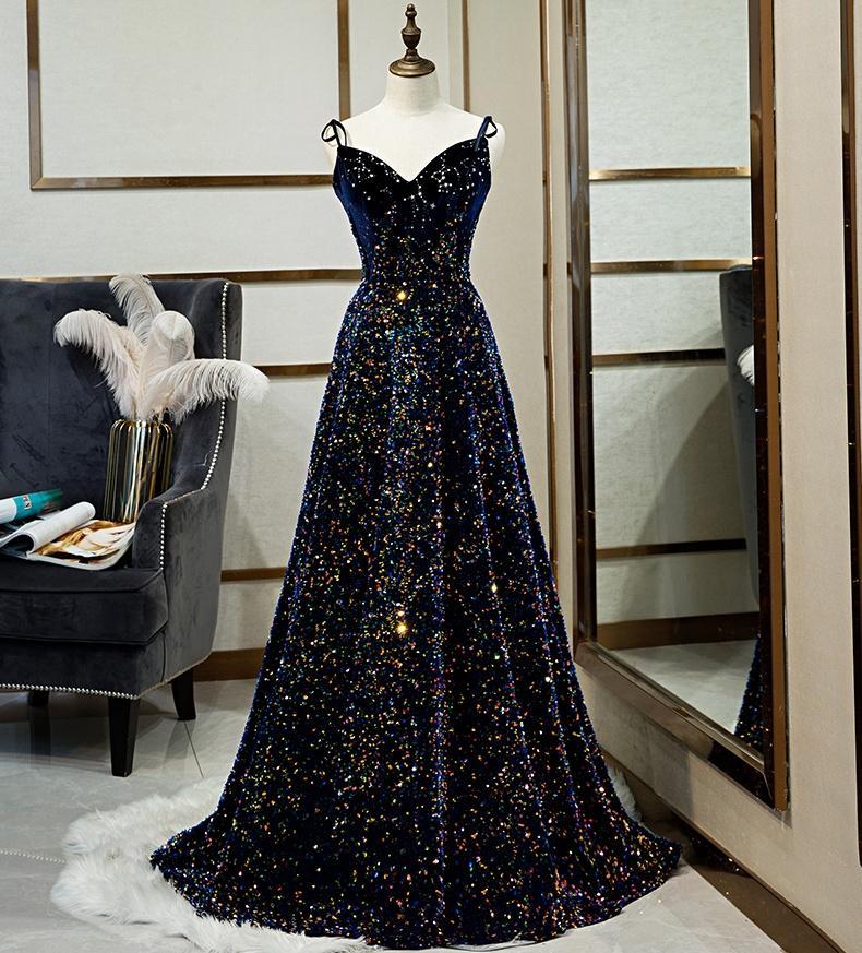 DARK BLUE SEQUIN A LINE SPAGHETTI STRAPS BLING BLING PROM DRESS,DS2947