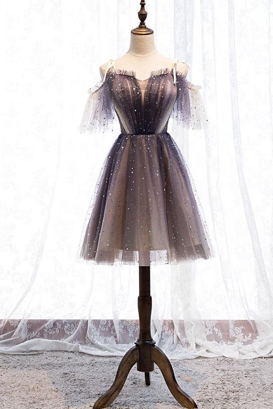 Jolie robe de bal courte en tulle et dentelle grise, DS2288