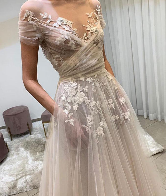 Light champagne tulle lace long prom dress, lace evening dress,DS4586