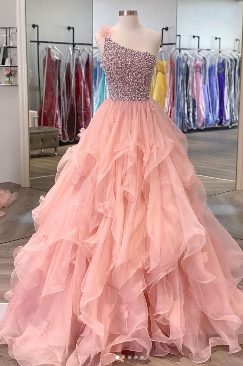 Robe de soirée longue rose à une épaule et perles, DS2134