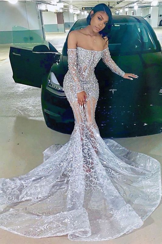 Long Sleeve Off The Shoulder Silver Black Girl Prom Dresses Mermaid Se DSProm Long Sleeve Off The Shoulder Silver Black Girl Prom Dresses Mermaid Se DSProm