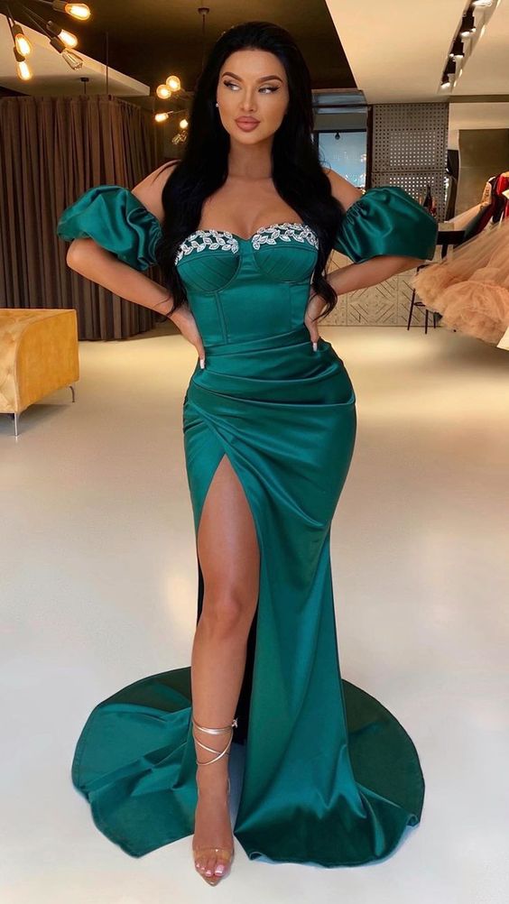 Robe de soirée longue plissée à fente haute, DS5131