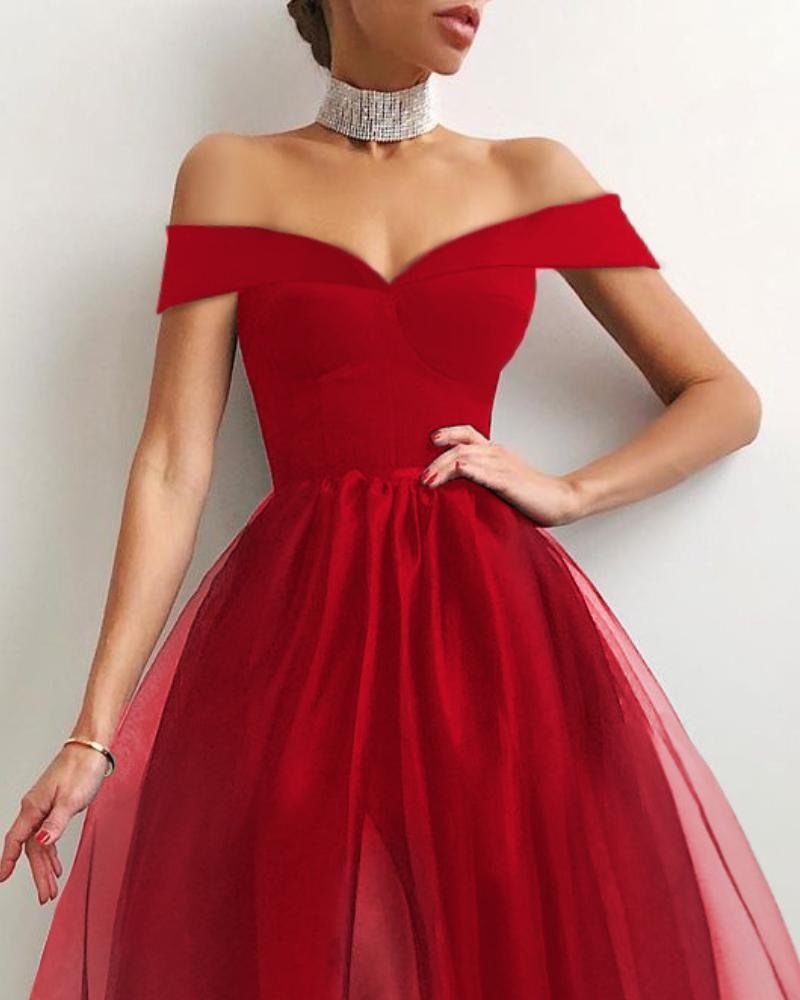 Robe de cocktail élégante en maille superposée à épaules dénudées, DS3980