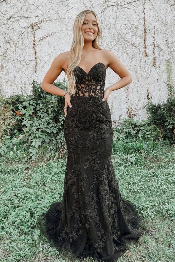 Black lace long prom dress mermaid evening dress,DS3168