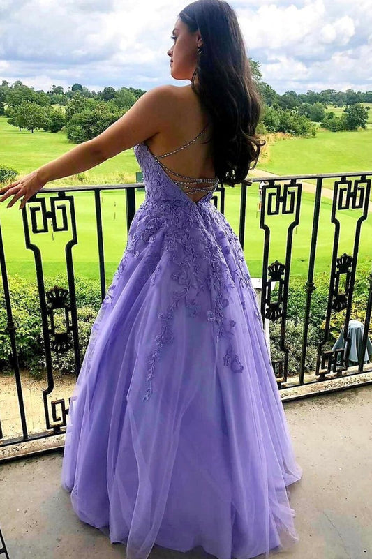 Purple tulle lace long oprom dress A line evening gown,DS3852