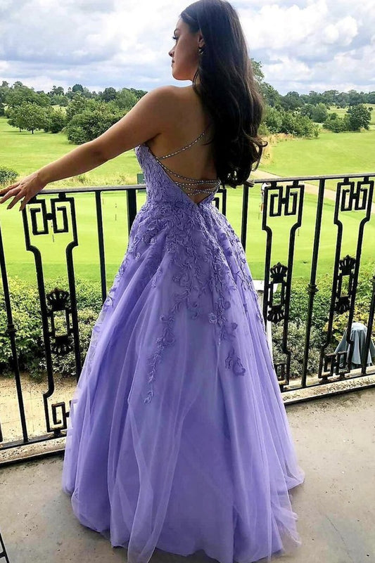 Purple tulle lace long oprom dress A line evening gown,DS3174
