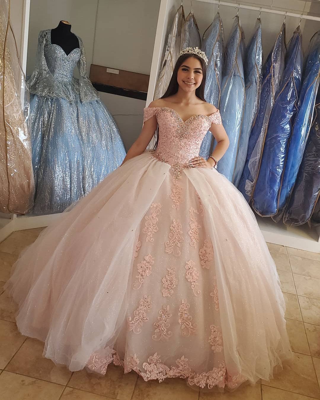 Robe de Quinceanera en dentelle rose blush, robe de bal scintillante, robe Sweet 16, DS4392