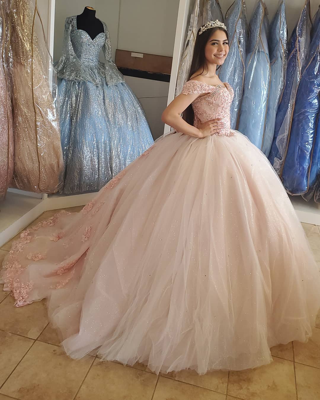 Robe de Quinceanera en dentelle rose blush, robe de bal scintillante, robe Sweet 16, DS4392