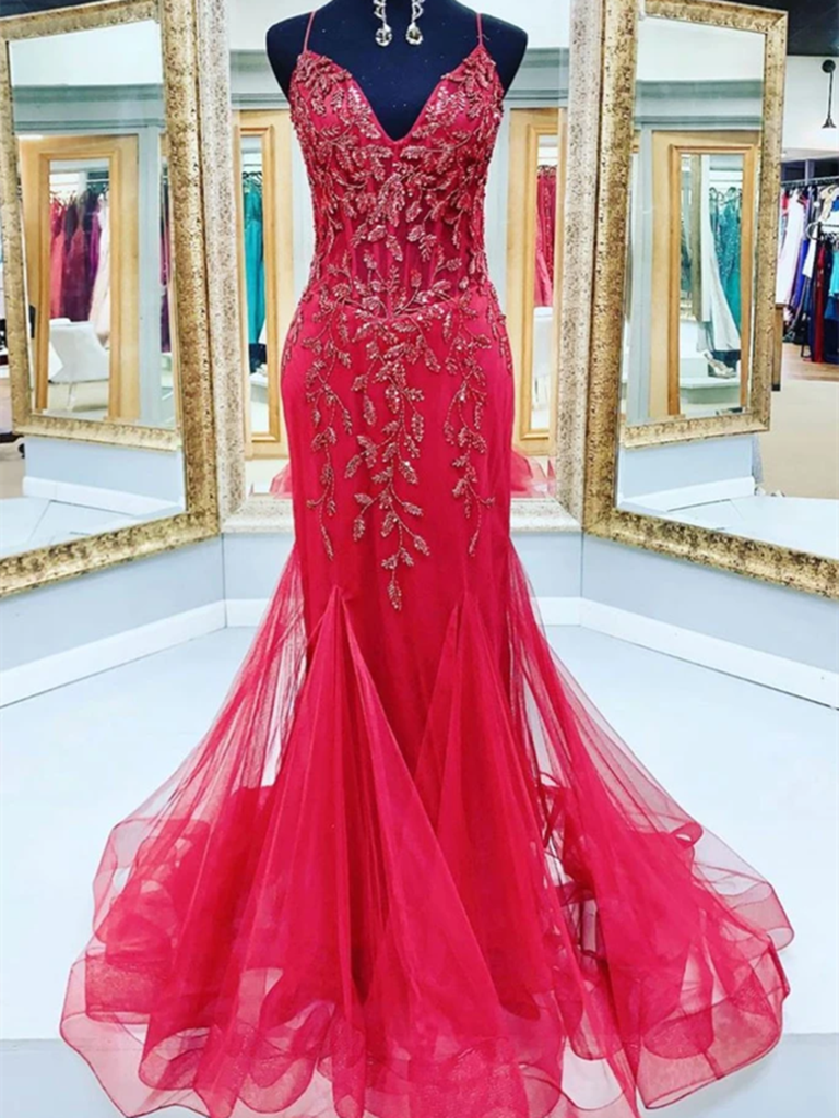 Robe de bal longue rouge sirène à col en V, en tulle et sequins, avec perles, DS3824