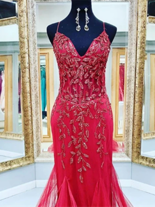 Robe de bal longue rouge sirène à col en V, en tulle et sequins, avec perles, DS3824