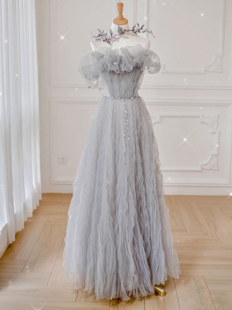 ROBE DE BAL LONGUE EN TULLE GRIS À ÉPAULES DÉNUDÉES, ROBE DE CÉRÉMONIE EN TULLE GRIS, DS3392