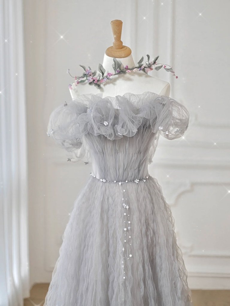 ROBE DE BAL LONGUE EN TULLE GRIS À ÉPAULES DÉNUDÉES, ROBE DE CÉRÉMONIE EN TULLE GRIS, DS3392