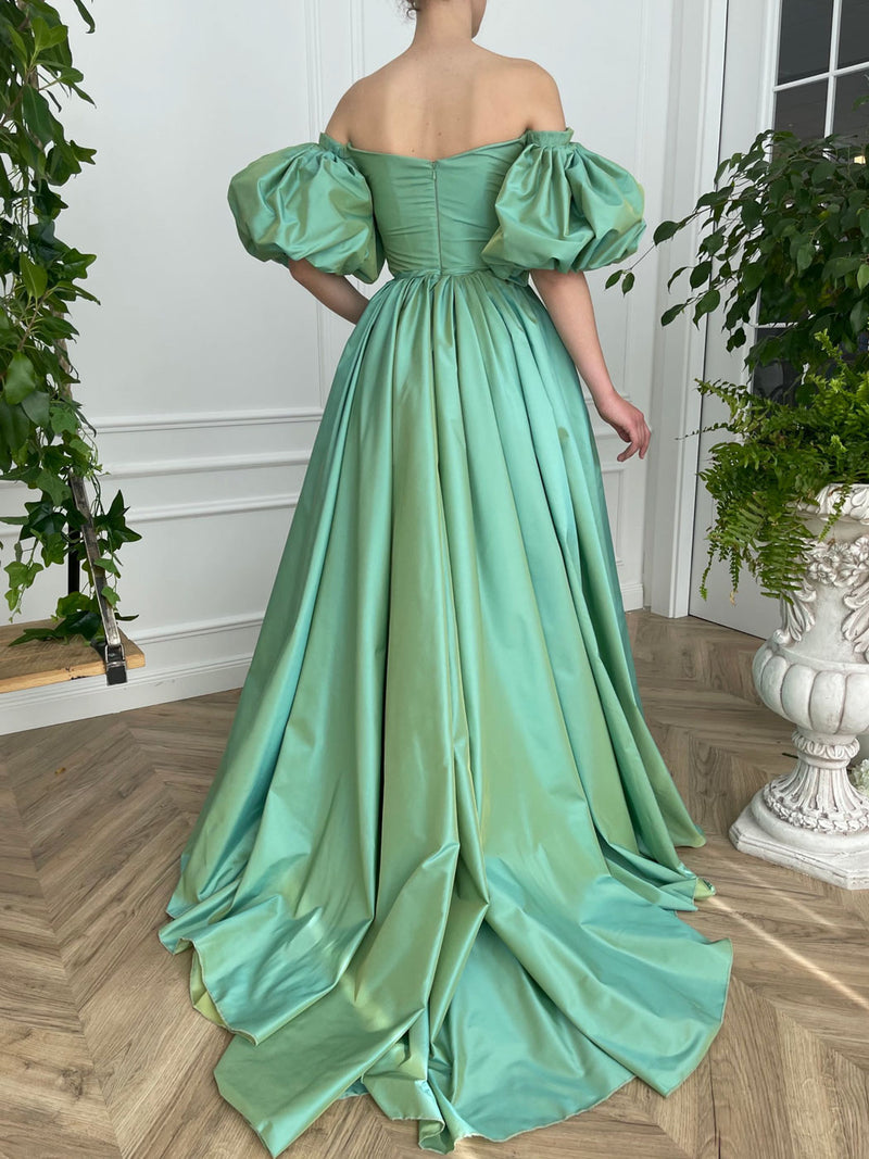 ROBE DE BAL LONGUE SIMPLE EN SATIN VERT, ROBE DE SOIRÉE VERTE, F04756