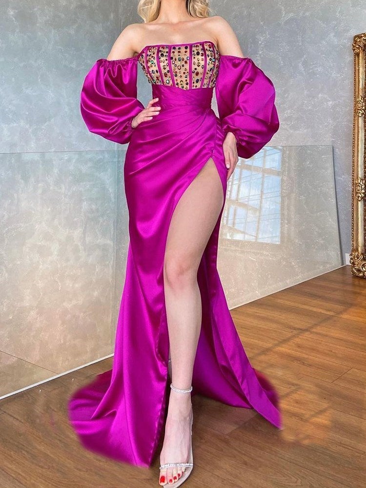 Bodenlanges, schulterfreies Trompeten-/Meerjungfrauenkleid mit Schlitz vorne, DS3788