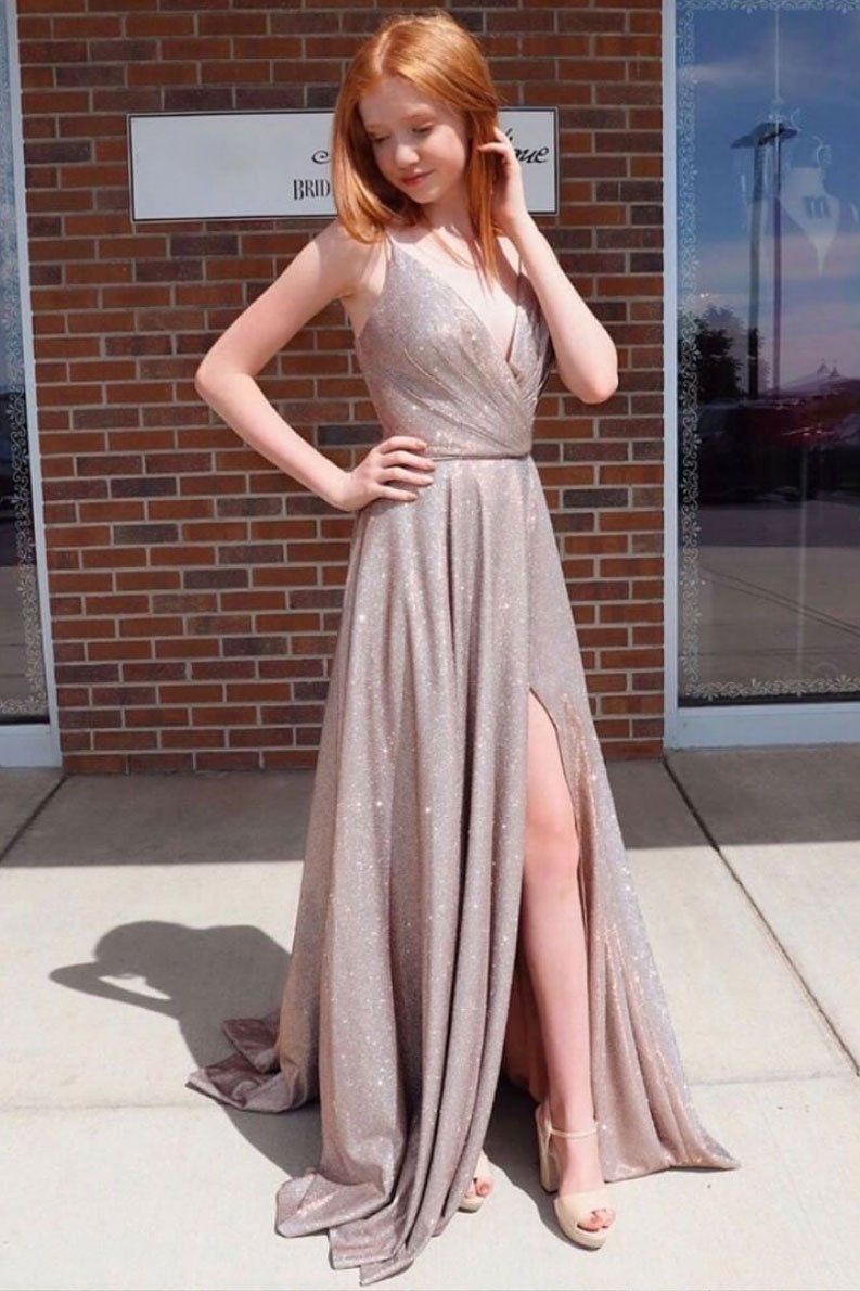Robe de soirée longue en satin à paillettes, simple, col en V, DS2100