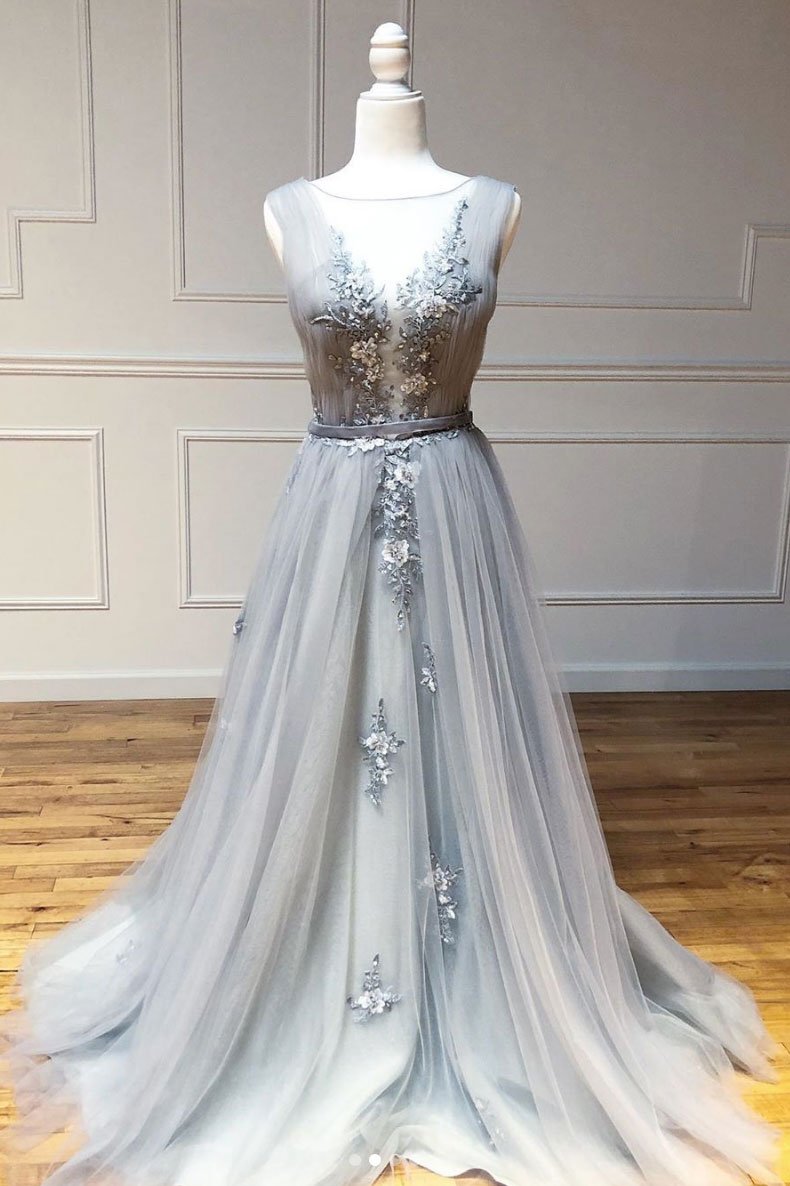 Robe de bal longue en tulle et dentelle grise, col rond, robe de soirée en dentelle grise, DS2360