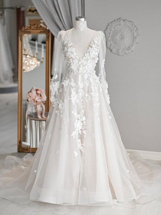 Robe de mariée longue en tulle et dentelle, col en V, couleur ivoire, robe de mariée de plage en dentelle, DS3410