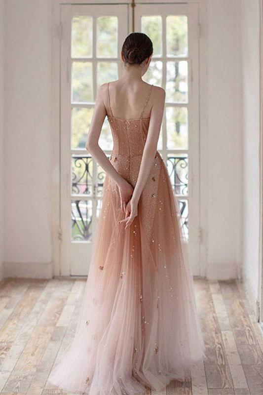 Pink tulle sequin beads long prom dress pink tulle formal dress,DS2261
