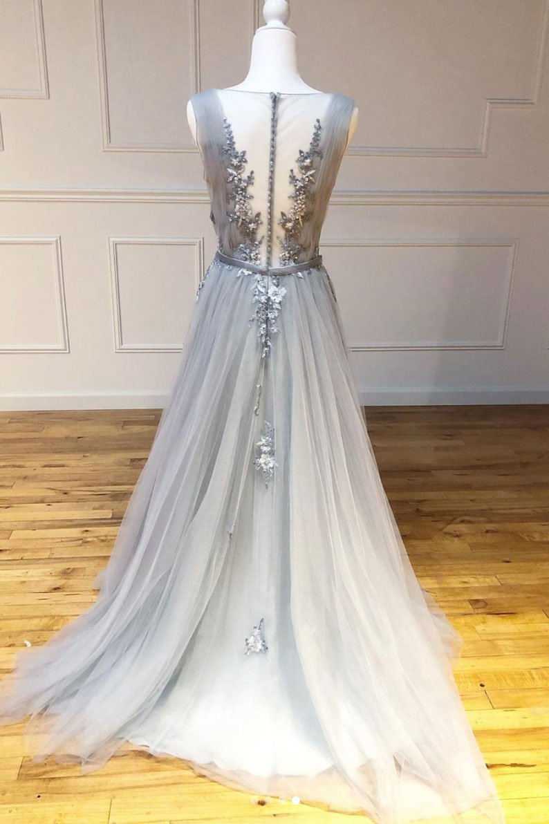 Robe de bal longue en tulle et dentelle grise, col rond, robe de soirée en dentelle grise, DS2360