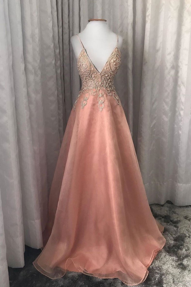 Rosa V-Ausschnitt Tüll Perlen langes Ballkleid rosa Abendkleid, DS2361