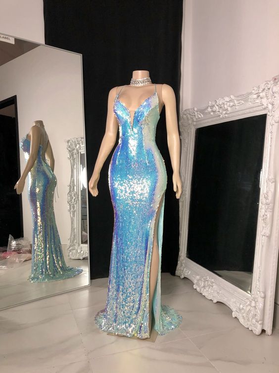 Robe de bal sexy dos nu à paillettes, style sirène, sans manches, bretelles spaghetti, bon marché, 2022, DS4040
