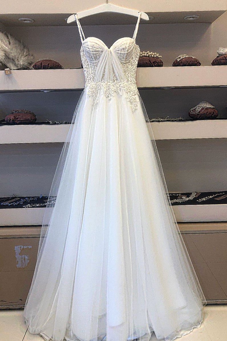 Robe de soirée longue en tulle et dentelle blanche, DS2308