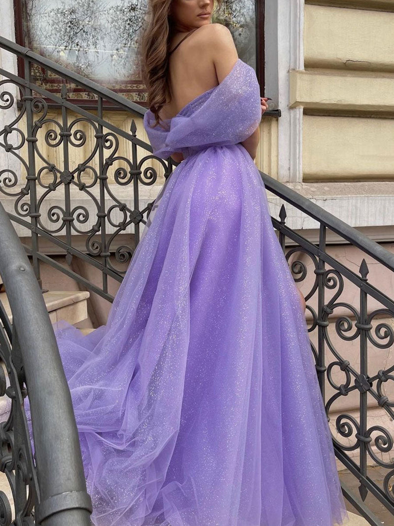 Robe de bal longue violette en tulle à épaules dénudées et sequins, robe de soirée violette, F04761