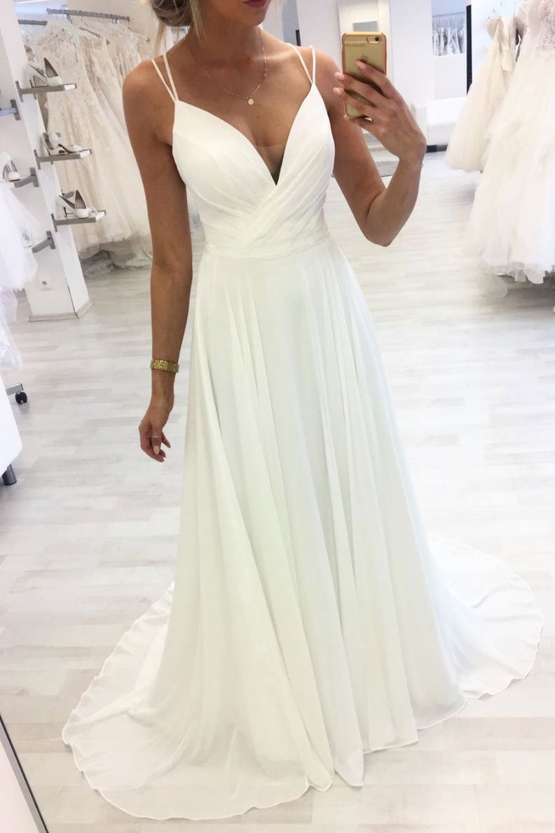 Robe de soirée longue en mousseline blanche à col en V, DS2348