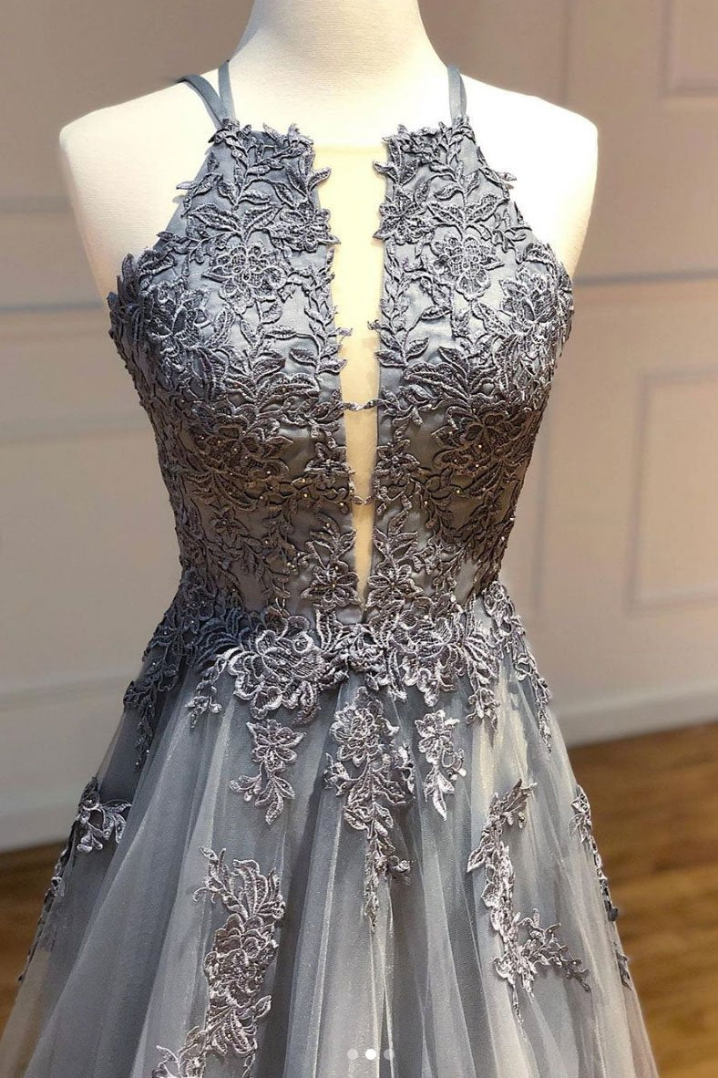 Robe de bal longue en tulle gris et dentelle, robe de soirée en tulle gris et dentelle, DS2324