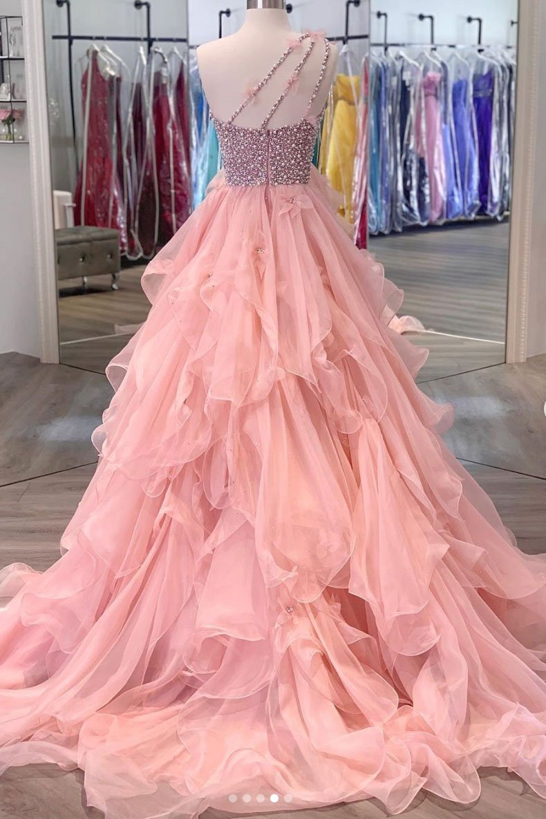 Robe de soirée longue rose à une épaule et perles, DS2134