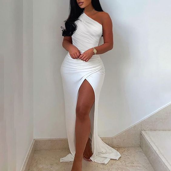 Elegantes, einfarbiges Maxikleid mit einer Schulter und hohem Schlitz am Oberschenkel, gerüscht, bodenlang, weiß, sexy Korsett, ED5800