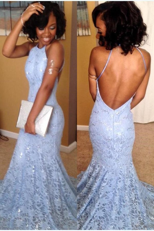 Robe de bal sirène longue sans manches en dentelle bleu ciel, dos nu, glamour, DS4641