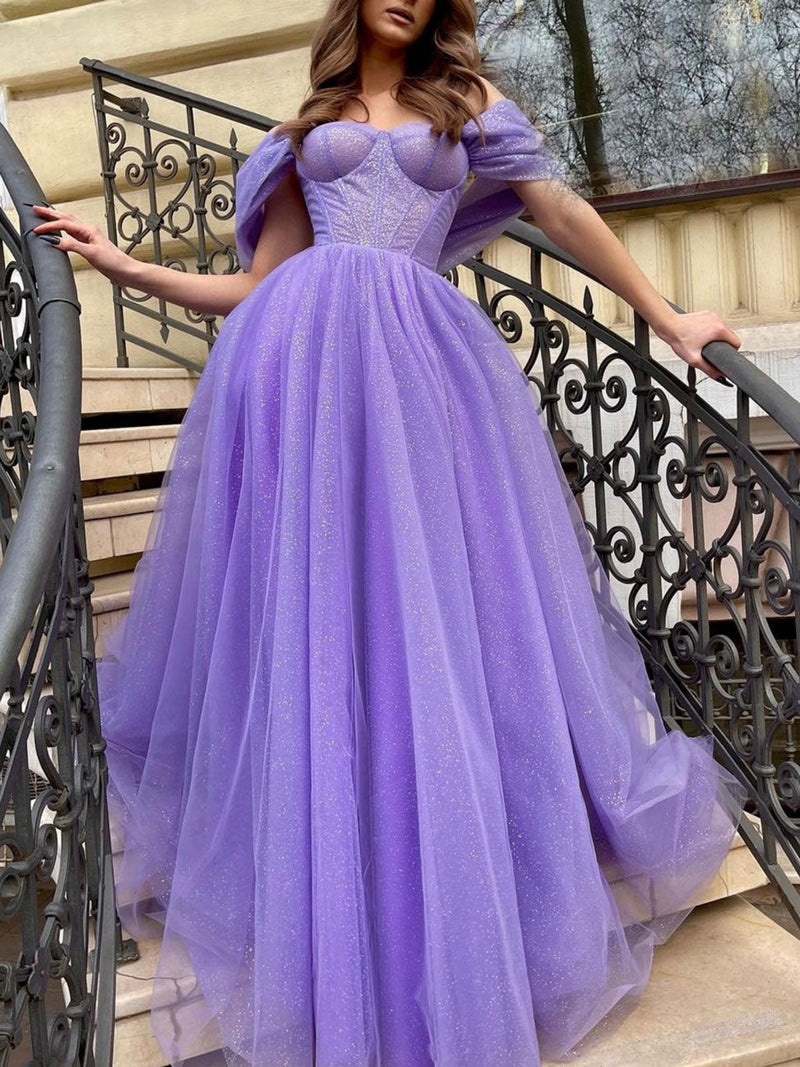 Robe de bal longue violette en tulle à épaules dénudées et sequins, robe de soirée violette, F04761