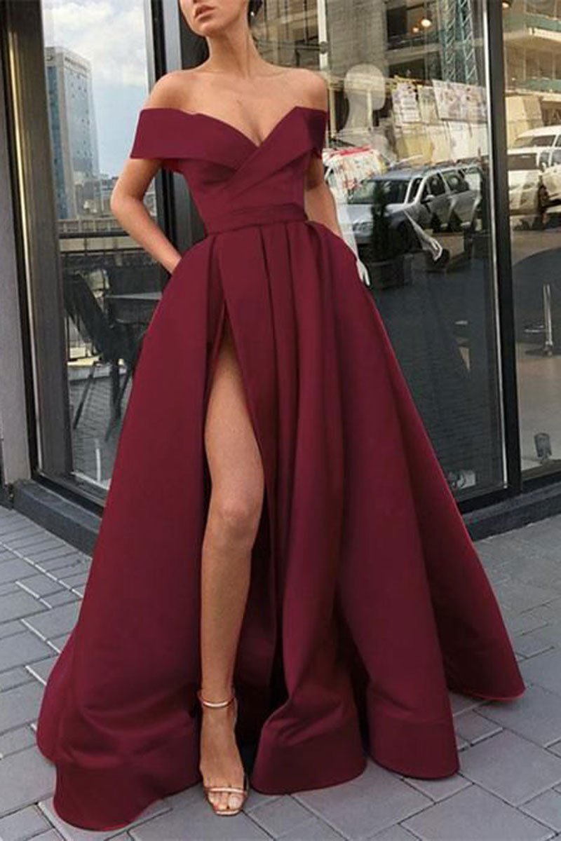 Robe de bal longue en satin bordeaux simple, robe de soirée bordeaux, DS2106
