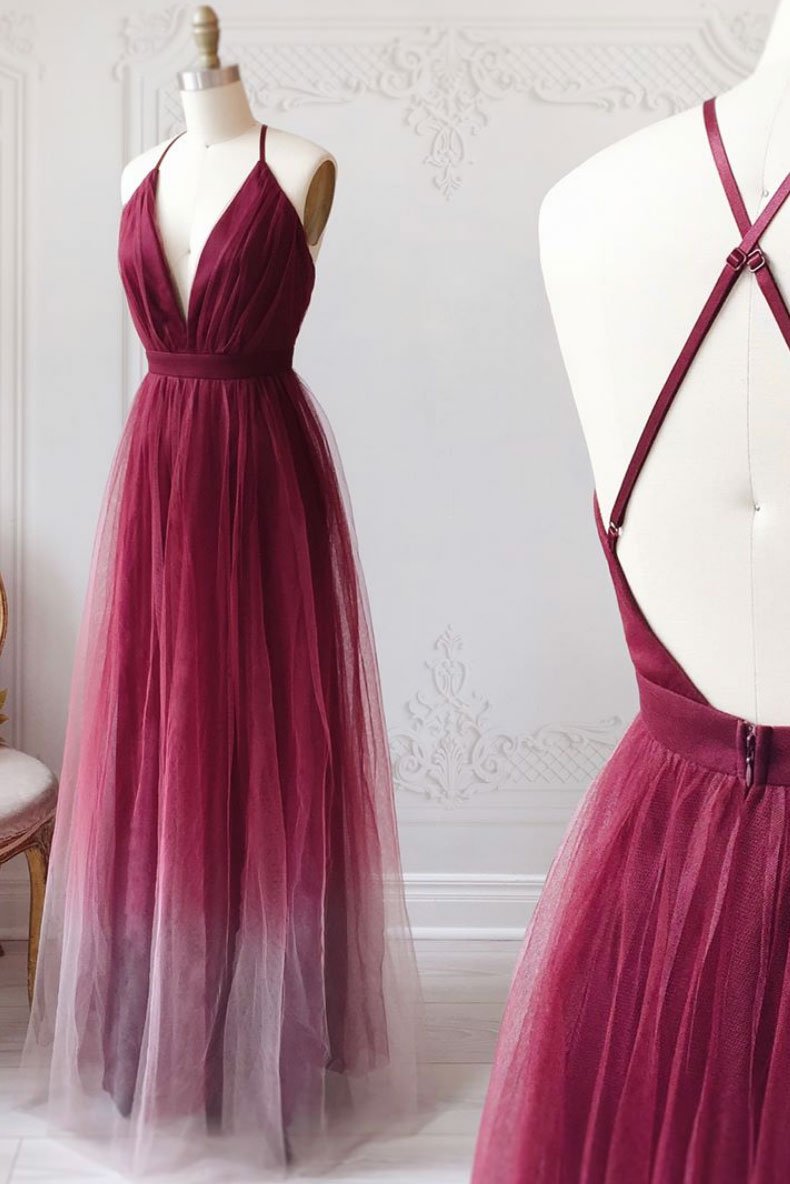 Robe de bal longue en tulle bordeaux à col en V, robe de soirée longue en tulle bordeaux, DS2354