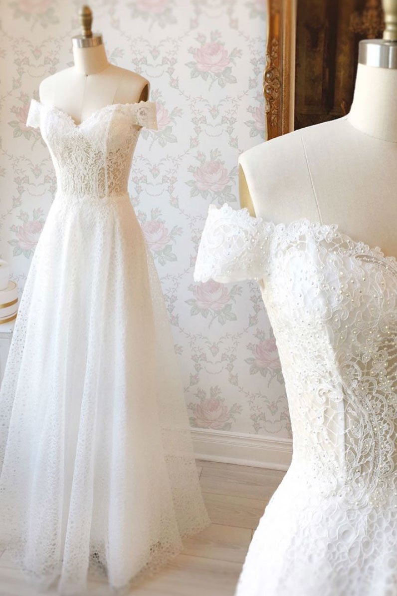 Robe de bal longue en dentelle blanche à épaules dénudées, robe de soirée en dentelle blanche, DS2319