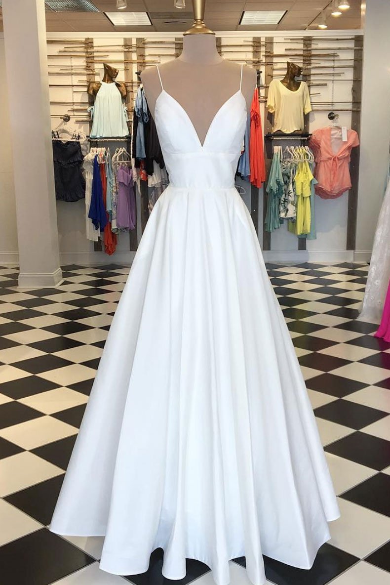 Robe de soirée longue en satin blanc simple à col en V, DS2107