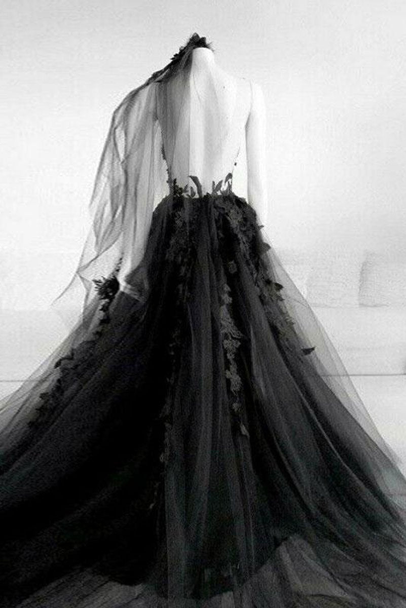 Robe de bal longue noire en tulle et dentelle à col rond, robe de soirée en tulle noir, DS2355
