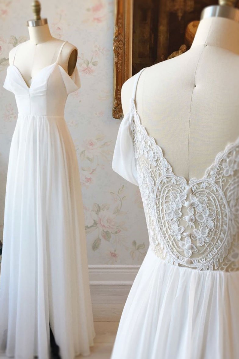 Robe de soirée longue en mousseline de soie et dentelle, simple, blanche, épaules dénudées, DS2342