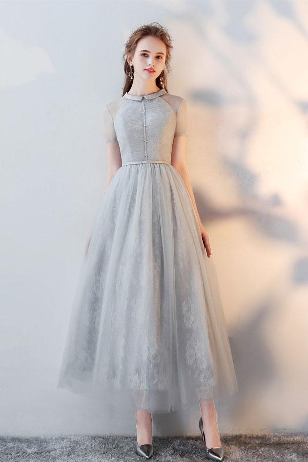 Robe de bal longue en tulle gris et dentelle, robe de soirée en tulle gris, DS2151