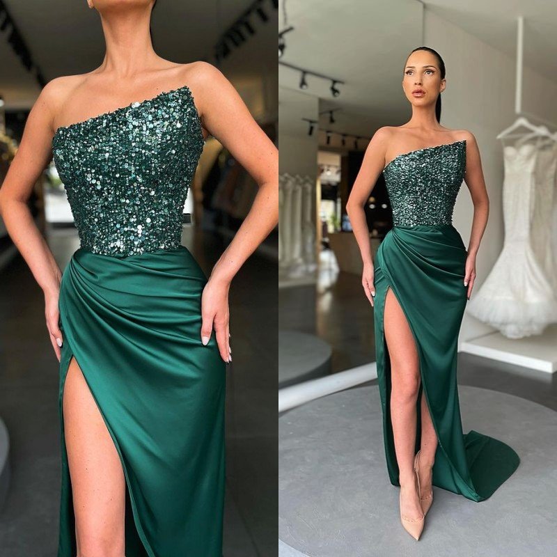 Robe de bal longue et élégante à paillettes vert foncé avec fente, DS3255