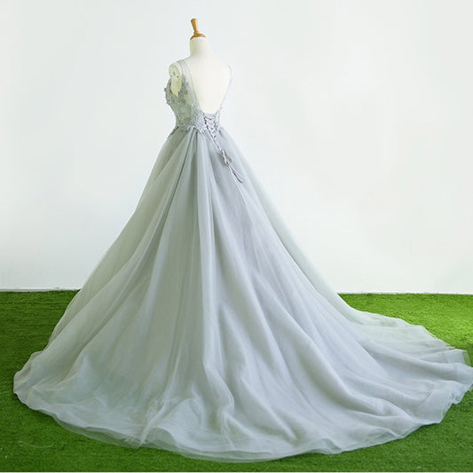 Gray Tulle Court Train Formal Long Prom Dress With Flowers.DS3040