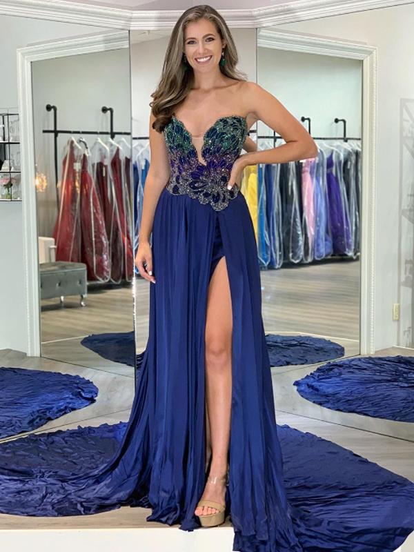 Robe de soirée sexy à décolleté en cœur et fente latérale, longue traîne, DS2731